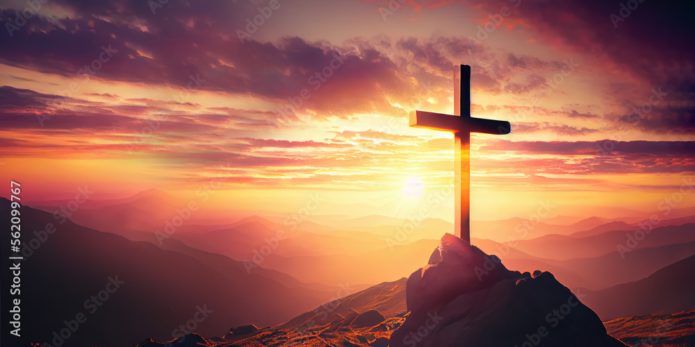 Wall mural The cross sits at the top of the mountain, and the light shines on Calvary Hill. at sunrise concept of ascension day Christian Easter. Hope, Faith, Faith in Jesus Christ, Christianity Generative AI