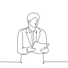 man in a business suit and tie looks at the papers in his hands - one line drawing vector. concept businessman