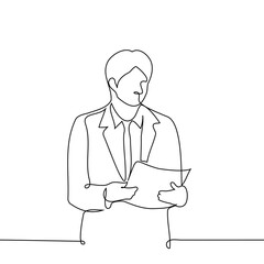 Obraz premium man in a business suit and tie looks at the papers in his hands - one line drawing vector. concept businessman