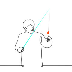 man with fishing rod - one line drawing vector. the concept a fisherman puts a worm on a hook