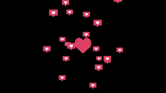 Red heart with flying small icons for social networks on a black background. Animation overlay background. Like sign.