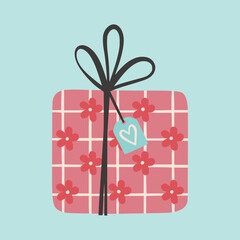 Gift box. Present package wrapped in festive paper wrapping with tied bow, ribbon, twine string. Christmas, Xmas, valentine's day, birthday and New Year present in wrapping paper.  Flat illustration.