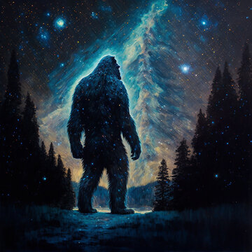 Mystical bigfoot in the forest looking up at the stars