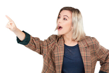 A woman pointing towards something isolated on a PNG background.