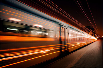 moving train with blurry lights ideal for transportation backgrounds, generative AI - obrazy, fototapety, plakaty