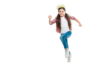 photo of girl in crown. childhood of girl in crown run isolated on white, advertisement