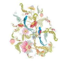 Obraz premium Fantasy flowers with bird of paradise quezal, in retro, vintage, jacobean embroidery style. Clip art, set of elements for design Vector illustration.