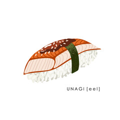 Eel sushi nigiri on white background. Unagi nigiri. Traditional Japanese food. Vector clipart.