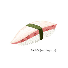 Octopus sushi nigiri on white background. Tako nigiri. Traditional Japanese food. Vector clipart.