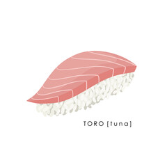 Tuna sushi nigiri on white background. Toro nigiri. Traditional Japanese food. Vector clipart. 