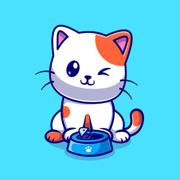 Cute Cat Eating Fish Cartoon Vector Icon Illustration. Animal Nature 
Icon Concept Isolated Premium Vector. Flat Cartoon Style