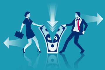 Business people man and woman fight for money. Divide profits. Financial conflict. Tearing money. Conflict concept. Torn in half. Vector illustration flat design. Isolated on white background.