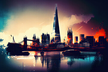 Colourful Futuristic London Skyline Generative AI Illustration