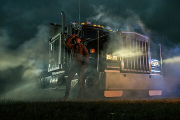 American Semi Truck Driver and His Vehicle During Foggy Night