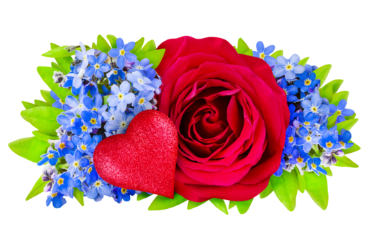 Rotes Herz und rote Rose mit Vergissmeinnicht Blumen Hintergrund transparent PNG cut out