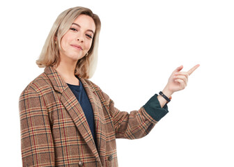 A young woman pointing towards something isolated on a PNG background.