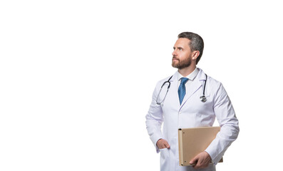 Medic man holding folder. Medic in white coat. Professional medical service. Medic