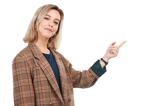 A young woman pointing towards something isolated on a PNG background.