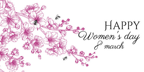 Vector illustration card for World Women's Day. Cherry blossom branch and bee in engraving style