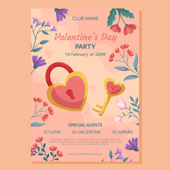 Valentine's Day Party poster template design. Lock and key in heart shape, gold and pink color with floral frame beige backdrop. Event invitation for club, decorative hearts and floral frame.