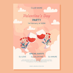 Valentine's Day Party poster template design. Two glass of wine with flowers behind it on beige back white clounds. Event invitation for club.