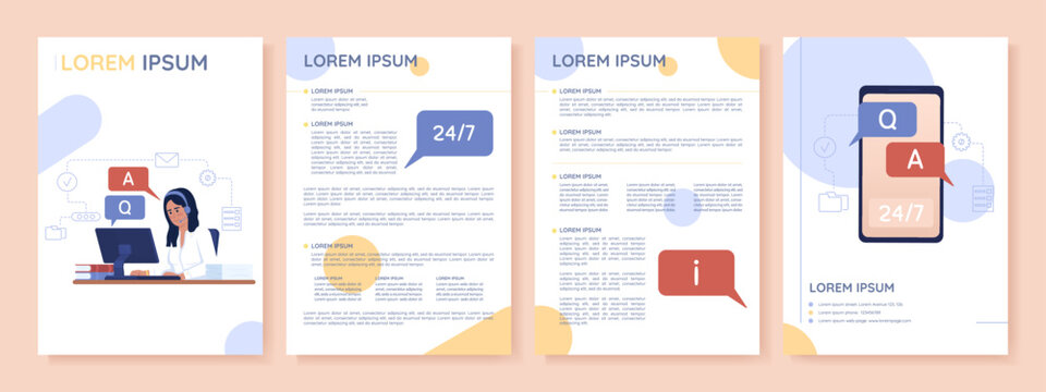 Live chat for customer support flat vector brochure template. Quick help booklet, leaflet printable flat color designs. Editable magazine page, reports kit with text space. Sniglet Regular font used