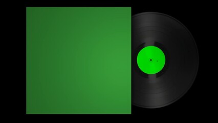 A vinyl record spinning half out of an album cover. Green screen to key out and place your own artwork. Transparent Background - Powered by Adobe