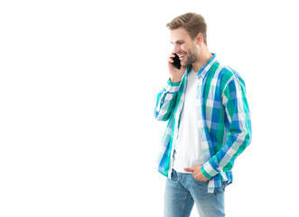 man having phone call wearing checkered shirt, copy space. photo of man has phone call