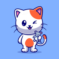 Naklejka na ściany i meble Cute Cat Catches Baby Mouse Cartoon Vector Icon Illustration. Animal Nature Icon Concept Isolated Premium Vector. Flat Cartoon Style