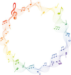 vector illustration of rainbow colored  sheet music circle frame - musical notes melody