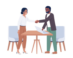 Obraz premium Business owners making partnership agreement semi flat color vector characters. Editable figures. Full body people on white. Simple cartoon style illustration for web graphic design and animation
