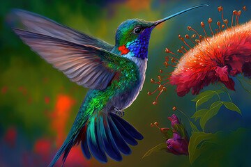 Hummingbird and flowers. Generative AI.
