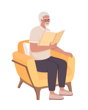 Senior man with book sitting in armchair semi flat color vector character. Editable figure. Full body person on white. Simple cartoon style illustration for web graphic design and animation