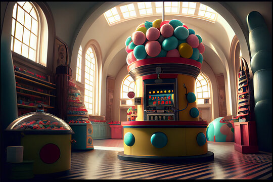 Fantastic magical candy factory with multicolored treats, generative AI