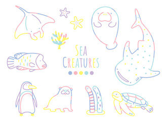 カラフルなラインで描かれた海の生き物