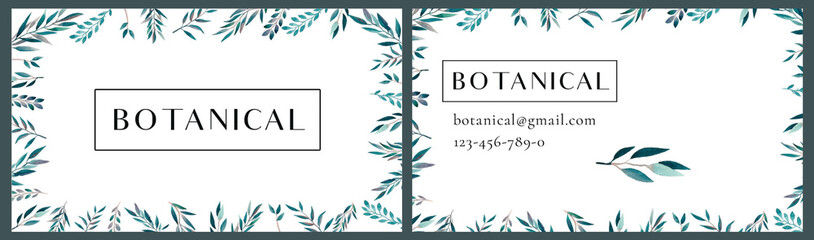 Botanical Business card, Watercolor Greenery leaves illustration, tropical leaves business card design template. Back and front, female entrepreneur green design. Eco, bio, vegan template business.	
