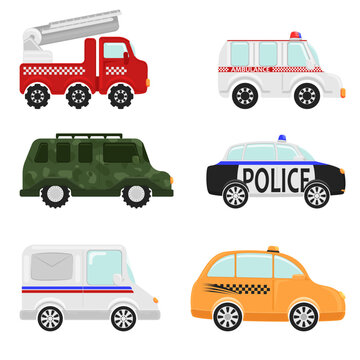 Cartoon service vehicles, service vehicle illustrations, children illustrations, fire truck, ambulance, police, military vehicle, mail delivery, taxi
