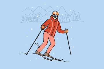 Smiling woman in outerwear skiing on mountain during winter holidays. Happy female skier in helmet and goggles enjoy active holidays outdoors. Vector illustration. 