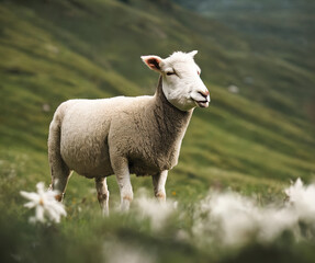 photo of a cute fluffy The Lamb in the mountains, Easter, Christian festivity- AI Generated