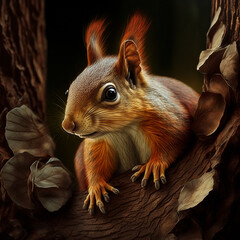 Cute red squirrel portrait popping out of a tree hole made with generative AI