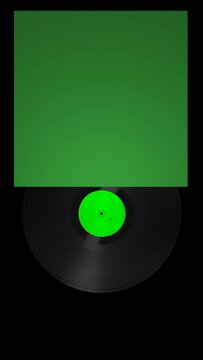 A vinyl record spinning half out of an album cover. Green screen to key out and place your own artwork. Transparent Background. Vertical Resolution