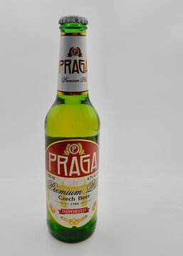 A bottle of Praga lager against a white background