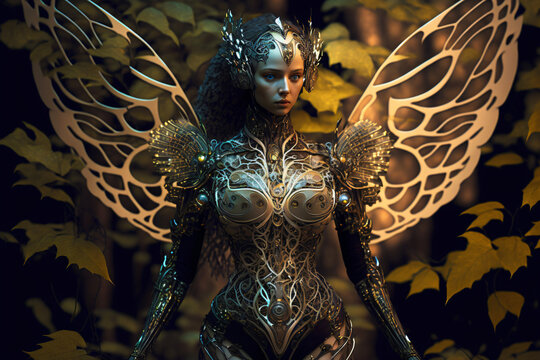 cyborg with butterfly wings, cyber woman made of metal and steel, generative ai
