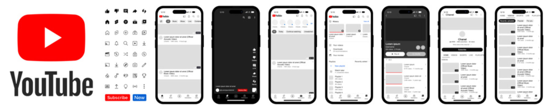YouTube mockup. Mobile app interface template set. Video, likes, stories, subscriptions. YouTube photo frame. Iphone X. VINNITSA, UKRAINE - JANUARY 14, 2023
