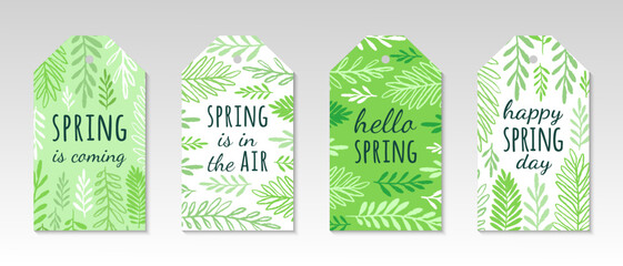 Hello, happy, spring is coming tag set. Floral ornamental blanks with textured leaves and branches pattern. Brochure design shades of green. EPS 10 vector illustration.
