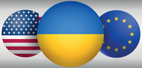 round icons with Ukraine flag in the center and USA America, EU european union flags on the sides vector. concept of relations with partners