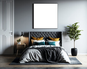Modern bedroom interior with cozy bedding and a blank picture frame on the wall. Generative ai