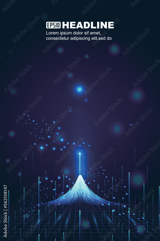 Poster glowing lines emitting upward with a techno background of particle internet