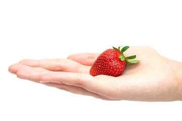 Obraz premium Strawberry in hand on white background isolation