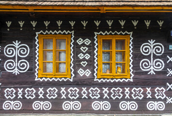 traditional folklore motifs of folk wooden architecture Cicmany, Slovakia